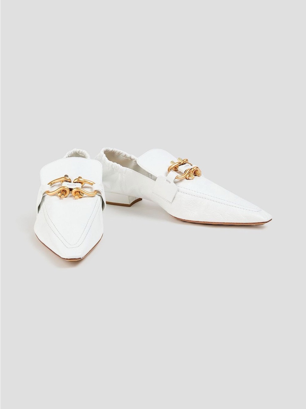 Bottega Veneta White Pointed-Toe Loafers with Gold Chain